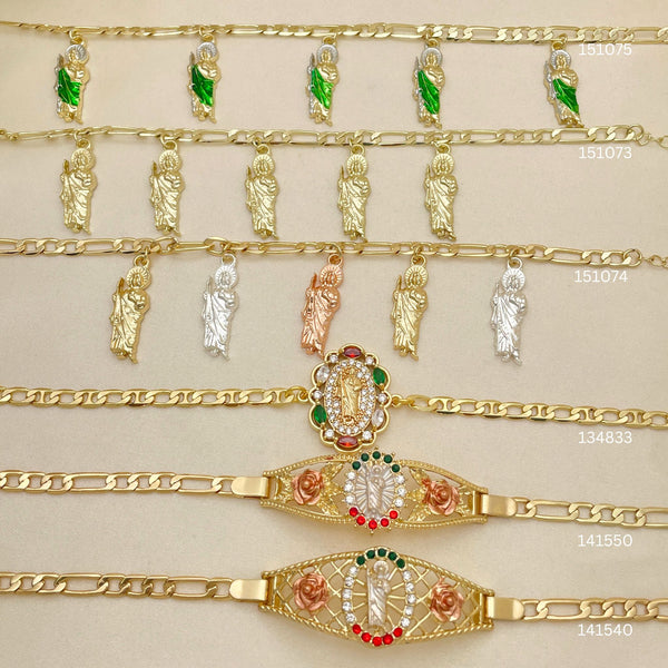 20 Religious San Judas Charm and Fancy Bracelets in Oro Laminado Assorted ($5.00 each) for $100 Gold Layered