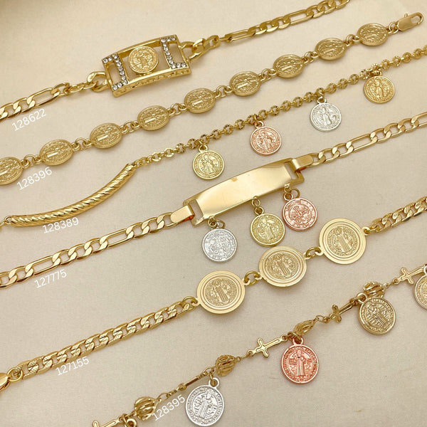 20 Religious San Benito Fancy Bracelets in Oro Laminado Assorted ($5.00 each) for $100 Gold Layered