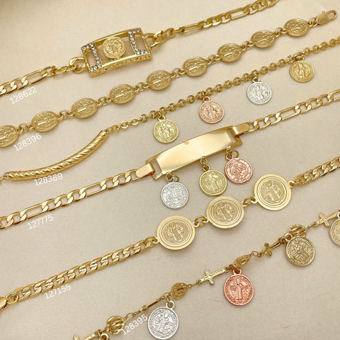 20 Religious San Benito Fancy Bracelets in Oro Laminado Assorted ($5.00 each) for $100 Gold Layered