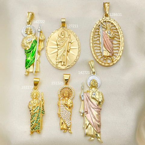 18 Large San Judas Pendants in Oro Laminado Assorted ($5.55 each) for $100 Gold Layered