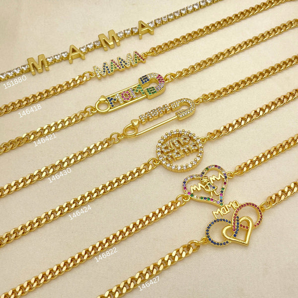 20 Mothers Day Bracelets, Mom, Mama, in Oro Laminado Assorted ($5.00 each) for $100 Gold Layered
