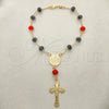 Oro Laminado Bracelet Rosary, Gold Filled Style San Benito and Crucifix Design, with Black and Garnet Azavache, Polished, Golden Finish, 09.02.0044.07