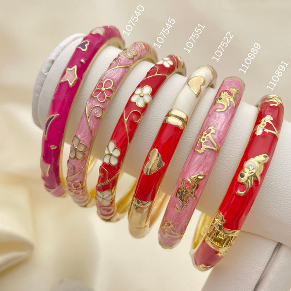 15 Assorted Cute Enamel Hinge Bangles in Oro Laminado Gold Filled ($6.67 each) for $100 Gold Layered