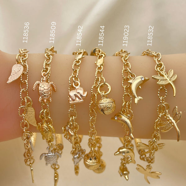 15 Assorted Half Bangle, Half Charm Bracelet in Oro Laminado Gold Filled ($6.67 each) for $100 Gold Layered
