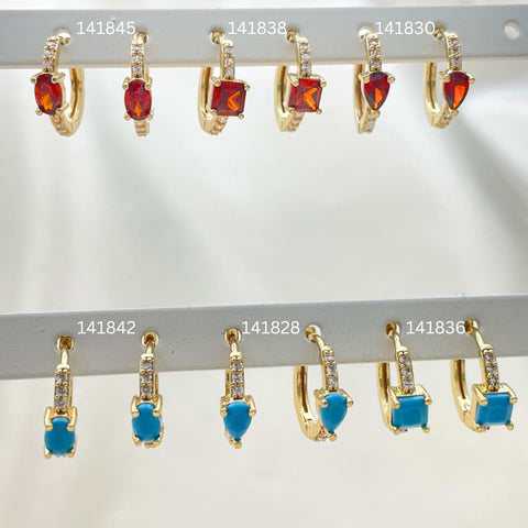 30 argollas Huggie de ZIrconia rojas y turquesas surtidas en Oro Laminado Gold Filled ($3.33 cada una) por $100 Gold Layered