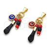 Oro Laminado Religious Pendant, Gold Filled Style Figa Hand and Evil Eye Design, Blue Resin Finish, Golden Finish, 05.63.1166.1