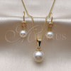 Oro Laminado Earring and Pendant Adult Set, Gold Filled Style Ball Design, with Ivory Pearl and White Micro Pave, Polished, Golden Finish, 10.195.0064