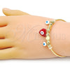 Oro Laminado Individual Bangle, Gold Filled Style Heart and Evil Eye Design, Red Enamel Finish, Golden Finish, 07.299.0001 (02 MM Thickness, One size fits all)