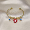 Oro Laminado Individual Bangle, Gold Filled Style Heart and Evil Eye Design, Red Enamel Finish, Golden Finish, 07.299.0001 (02 MM Thickness, One size fits all)