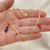 Oro Laminado Charm Anklet , Gold Filled Style Chili and Figaro Design, with Black Azavache, Polished, Golden Finish, 03.32.0599.10 (06 MM Thickness, 10 Inches Length)