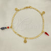 Oro Laminado Charm Anklet , Gold Filled Style Chili and Figaro Design, with Black Azavache, Polished, Golden Finish, 03.32.0599.10 (06 MM Thickness, 10 Inches Length)