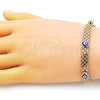 Oro Laminado Fancy Bracelet, Gold Filled Style Evil Eye and Bismark Design, Blue Enamel Finish, Golden Finish, 03.213.0157.1.08 (08 MM Thickness, 8 Inches Length)