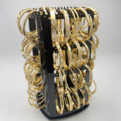 Rotating Display with 64 Assorted CZ Bangles in Gold Filled, Oro Laminado Bangles, Free Display