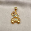 Oro Laminado Fancy Pendant, Gold Filled Style Teddy Bear and Crown Design, with White and Black Micro Pave, Polished, Golden Finish, 05.342.0168