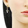 Oro Laminado Dangle Earring, Gold Filled Style Cross Design, with White Cubic Zirconia, Polished, Golden Finish, 02.213.0541