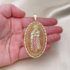 Oro Laminado Religious Pendant, Gold Filled Style Guadalupe Design, Diamond Cutting Finish, Tricolor, 05.411.0009.2