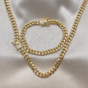 Oro Laminado Necklace and Bracelet, Gold Filled Style Miami Cuban Design, with White Micro Pave, Polished, Golden Finish, 06.156.0002