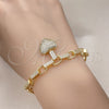 Oro Laminado Fancy Bracelet, Gold Filled Style Heart Design, with White Micro Pave, Polished, Golden Finish, 03.283.0315.07 (07 MM Thickness, 7 Inches Length)
