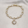 Oro Laminado Fancy Bracelet, Gold Filled Style Heart Design, with White Micro Pave, Polished, Golden Finish, 03.283.0315.07 (07 MM Thickness, 7 Inches Length)