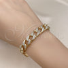 Oro Laminado Fancy Bracelet, Gold Filled Style Curb Design, with White Micro Pave, Polished, Golden Finish, 03.283.0321.08 (10 MM Thickness, 8 Inches Length)