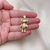 Oro Laminado Fancy Pendant, Gold Filled Style Teddy Bear and Heart Design, with White Micro Pave, Polished, Golden Finish, 05.342.0192