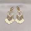 Oro Laminado Long Earring, Gold Filled Style Heart Design, with White Crystal, Polished, Golden Finish, 02.414.0003
