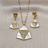 Oro Laminado Earring and Pendant Adult Set, Gold Filled Style with Ivory Mother of Pearl and White Micro Pave, Polished, Golden Finish, 10.196.0109