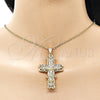 Oro Laminado Religious Pendant, Gold Filled Style Crucifix and Baguette Design, with White Cubic Zirconia, Polished, Golden Finish, 05.253.0180