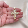 Oro Laminado Religious Pendant, Gold Filled Style Crucifix and Baguette Design, with White Cubic Zirconia, Polished, Golden Finish, 05.253.0180