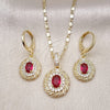 Oro Laminado Earring and Pendant Adult Set, Gold Filled Style with Ruby Cubic Zirconia and White Micro Pave, Polished, Golden Finish, 10.196.0118.1