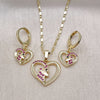 Oro Laminado Earring and Pendant Adult Set, Gold Filled Style Heart Design, with Ruby and Black Micro Pave, Polished, Golden Finish, 10.196.0121