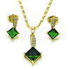 Oro Laminado Earring and Pendant Adult Set, Gold Filled Style with White Micro Pave and Green Cubic Zirconia, Polished, Golden Finish, 10.196.0129.2