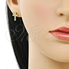 Oro Laminado Stud Earring, Gold Filled Style Cross Design, with White Micro Pave, Polished, Golden Finish, 02.342.0314