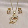 Oro Laminado Earring and Pendant Adult Set, Gold Filled Style Heart and Dolphin Design, with White and Black Micro Pave, Polished, Golden Finish, 10.210.0181