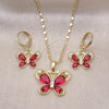 Oro Laminado Earring and Pendant Adult Set, Gold Filled Style Butterfly Design, with Ruby and White Cubic Zirconia, Polished, Golden Finish, 10.196.0134.1