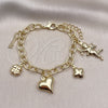 Oro Laminado Charm Bracelet, Gold Filled Style Rolo and Heart Design, Polished, Golden Finish, 03.213.0256.07 (08 MM Thickness, 7 Inches Length)