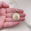 Oro Laminado Religious Pendant, Gold Filled Style Caridad del Cobre Design, with Garnet Crystal, Diamond Cutting Finish, Golden Finish, 05.213.0146