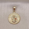 Oro Laminado Religious Pendant, Gold Filled Style Caridad del Cobre Design, with Garnet Crystal, Diamond Cutting Finish, Golden Finish, 05.213.0146