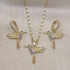Oro Laminado Earring and Pendant Adult Set, Gold Filled Style Bird Design, with Multicolor Micro Pave, Polished, Golden Finish, 10.196.0137