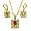 Oro Laminado Earring and Pendant Adult Set, Gold Filled Style with Ruby and White Cubic Zirconia, Polished, Golden Finish, 10.196.0138