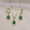 Oro Laminado Earring and Pendant Adult Set, Gold Filled Style Teardrop and Cluster Design, with Green Cubic Zirconia and White Micro Pave, Polished, Golden Finish, 10.196.0142