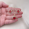 Oro Laminado Earring and Pendant Adult Set, Gold Filled Style Cluster Design, with Ruby and White Cubic Zirconia, Diamond Cutting Finish, Golden Finish, 10.196.0151.1