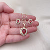 Oro Laminado Earring and Pendant Adult Set, Gold Filled Style Cluster Design, with Ruby and White Cubic Zirconia, Polished, Golden Finish, 10.196.0152