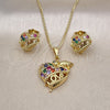 Oro Laminado Earring and Pendant Adult Set, Gold Filled Style Heart and Bird Design, with Multicolor Cubic Zirconia, Polished, Golden Finish, 10.284.0032