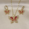 Oro Laminado Earring and Pendant Adult Set, Gold Filled Style Butterfly Design, with Ruby and White Cubic Zirconia, Polished, Golden Finish, 10.196.0155