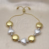 Oro Laminado Adjustable Bolo Bracelet, Gold Filled Style Heart and Ball Design, with Ivory Pearl, Polished, Two Tone, 03.341.0227.11 (01 MM Thickness, 11 Inches Length)