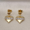 Oro Laminado Dangle Earring, Gold Filled Style Heart and Baguette Design, with White Cubic Zirconia, Polished, Golden Finish, 02.283.0114