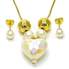 Oro Laminado Necklace and Earring, Gold Filled Style Heart and Ball Design, with Ivory Pearl, Polished, Golden Finish, 06.417.0009