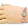 Oro Laminado Fancy Bracelet, Gold Filled Style Guadalupe and Star Design, with White Cubic Zirconia, Polished, Golden Finish, 03.283.0403.07 (06 MM Thickness, 7 Inches Length)
