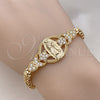 Oro Laminado Fancy Bracelet, Gold Filled Style Guadalupe and Star Design, with White Cubic Zirconia, Polished, Golden Finish, 03.283.0403.07 (06 MM Thickness, 7 Inches Length)